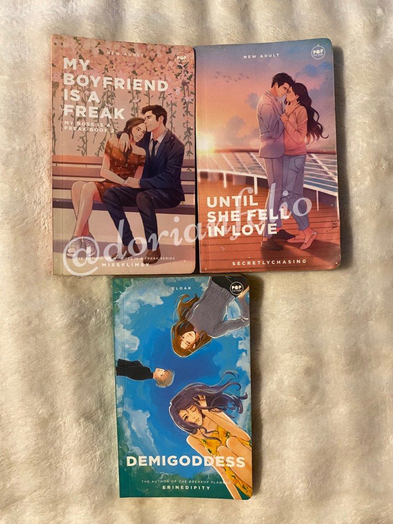 Wattpad pop fic bundle (Category: Storybooks) located in Manila. Submitted by dorianfolio (Listing ID 1453557181, Image 1). Description: Authentic copies. Preloved condition. Please see photos for the overall condition. More pictures can be sent upon request. 📖 Pop fiction bundle – ₱250 • My boyfriend is a freak by missflimsy • Until she fell in love by secretlychasing • Demigoddess by erinedipity 📍 LOC: Pasig 💳 MOP: GCash 📦 MOD: Direct J&T /