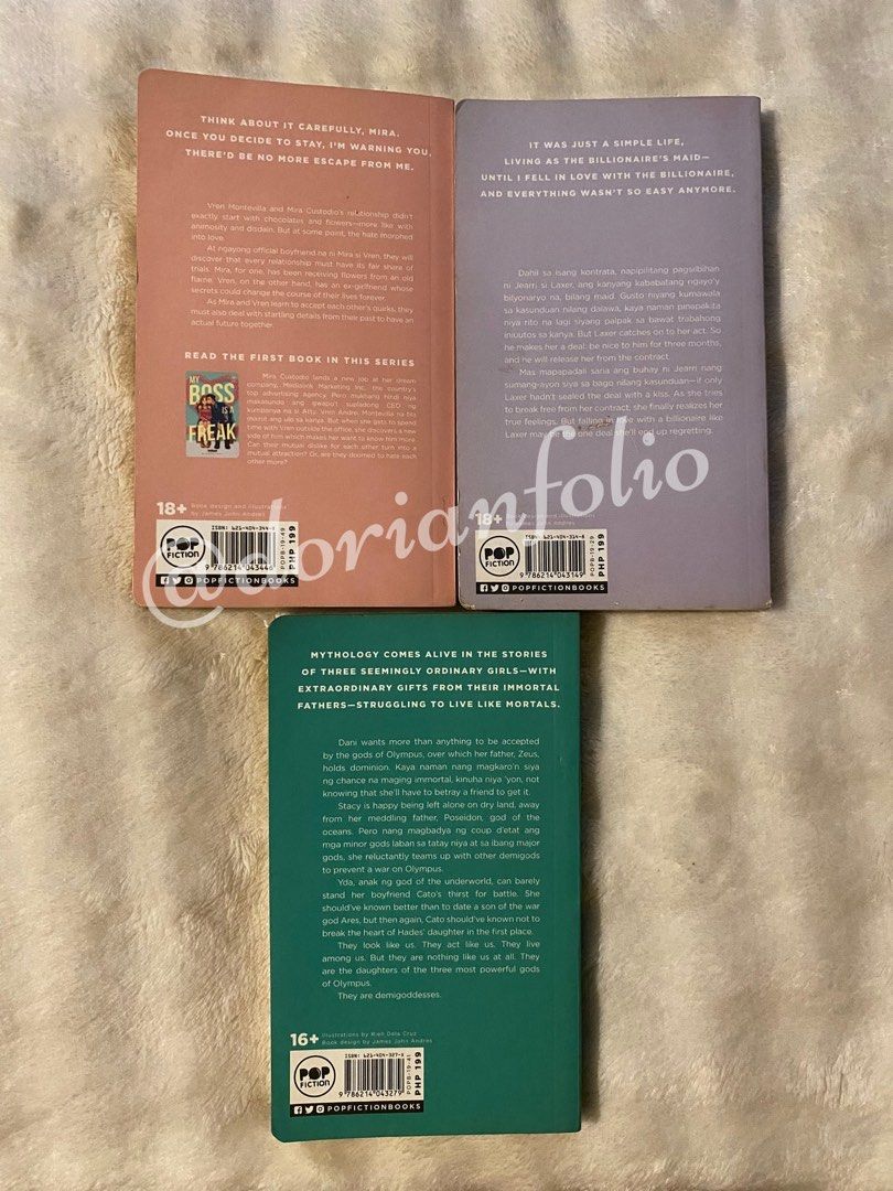 Wattpad pop fic bundle (Category: Storybooks) located in Manila. Submitted by dorianfolio (Listing ID 1453557181, Image 2). Description: Authentic copies. Preloved condition. Please see photos for the overall condition. More pictures can be sent upon request. 📖 Pop fiction bundle – ₱250 • My boyfriend is a freak by missflimsy • Until she fell in love by secretlychasing • Demigoddess by erinedipity 📍 LOC: Pasig 💳 MOP: GCash 📦 MOD: Direct J&T /
