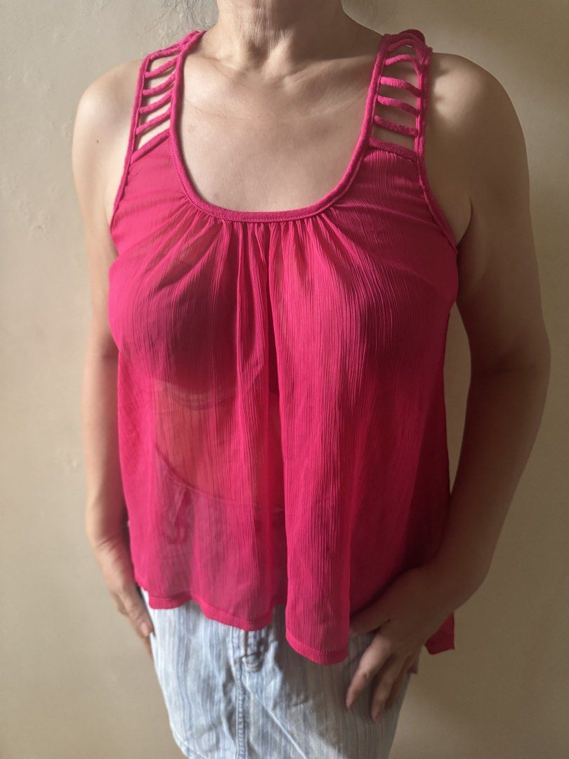 Weavers Pink Lattice Strap Tank Top Size L (Category: Sleeveless) located in Manila. Submitted by homeawayfromhome9 (Listing ID 1461041072, Image 1). Description: - Cute pink tank top from Weavers - Lattice strap detail on back and shoulders - Lightweight and flowy fabric - Great for layering or wearing on its own - Size: L - Made in China -shoulder 14in -length from back 18in.