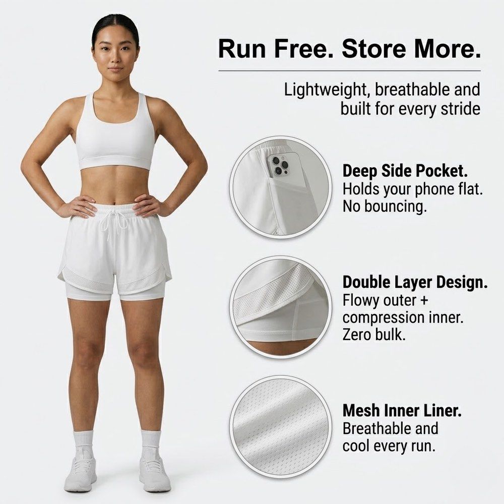 White Double Layer Running Shorts with Pockets (Category: Shorts) located in Bacoor. Submitted by yournewfavorite (Listing ID 1461031276, Image 3). Description: w: 13.5 l: 13 ‼️ black stains in front. havent rlly tried to remove it but you can worn once selling low! similar item like in RUNNR are sold at 2.9k - Lightweight and breathable for ultimate comfort. - Double-layer design: Flowy outer layer with a supportive compression inner layer. - De