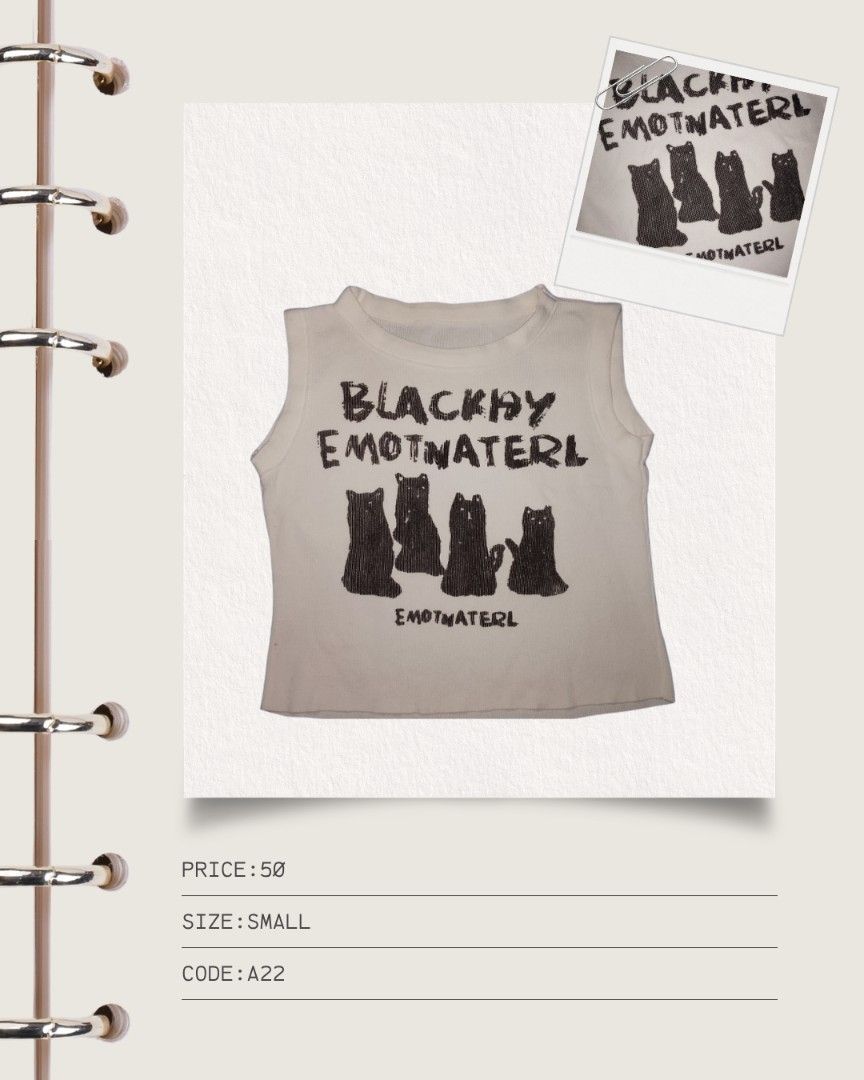 White Graphic Tank Top with Cat Print - Size Small (Category: Sleeveless) located in Manila. Submitted by anayaella (Listing ID 1460970651, Image 1). Description: - Cute white sleeveless top - Features fun black cat silhouette graphic print with text - Perfect for casual everyday wear - Size: Small - Price: PHP 50.