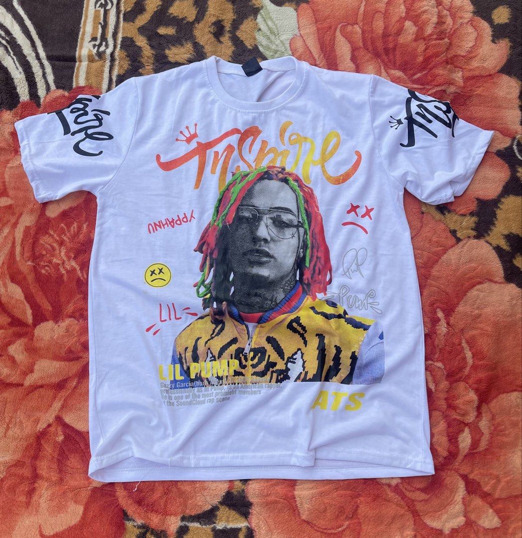 White Lil Pump Graphic T-Shirt (Category: Tshirts & Polo Shirts ) located in Manila. Submitted by aikyy_ (Listing ID 1460922957, Image 1). Description: - White t-shirt with Lil Pump graphic - Includes 'Inspire' text and other graphics - Ideal for fans of the SoundCloud rap scene - Makes a great statement piece.
