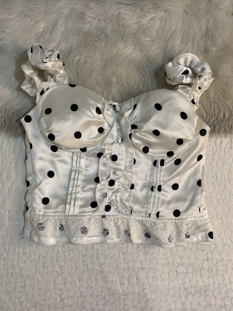 White Polka Dot Corset Top with Ruffle Straps (Category: Sleeveless) located in Caloocan City. Submitted by _miulily (Listing ID 1460971411, Image 1). Description: -padded can send more pic tru dm.