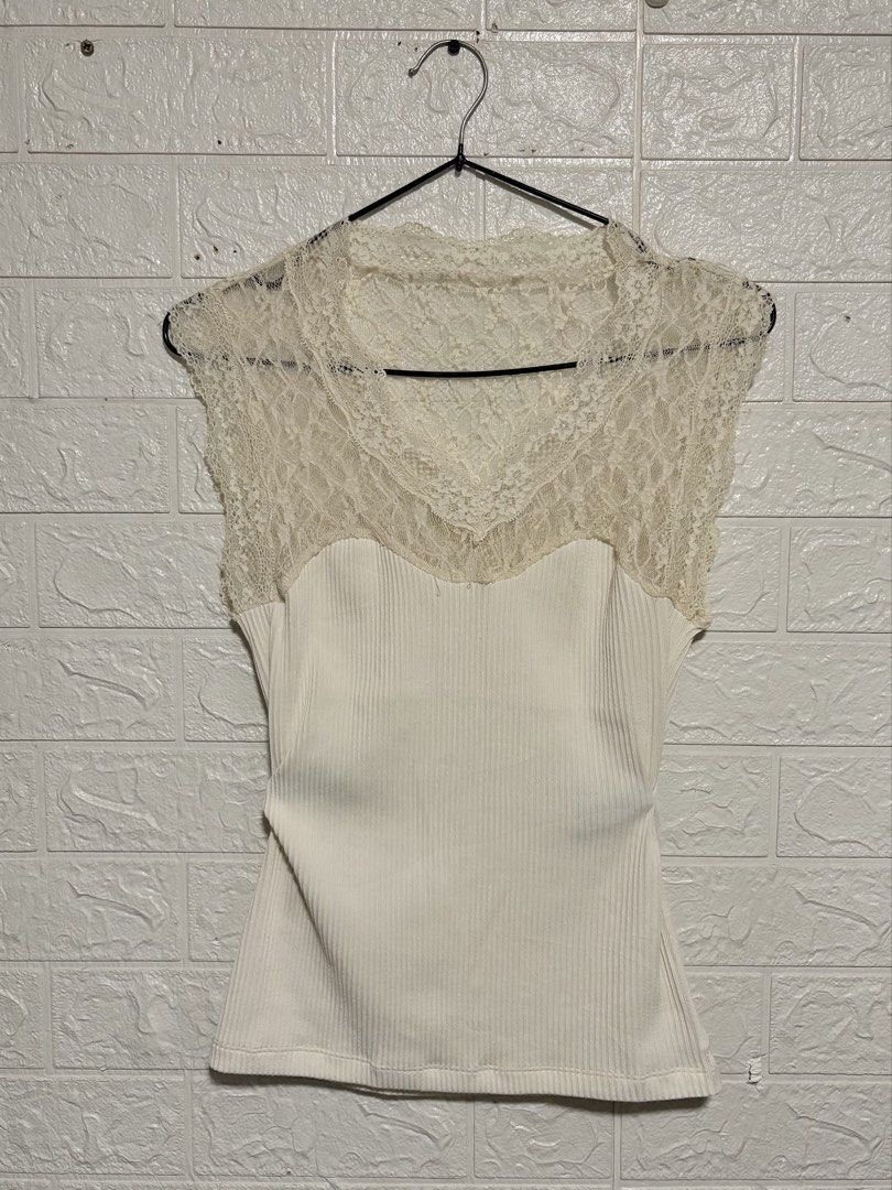 White Ribbed Lace Cap Sleeve Top (Category: Sleeveless) located in Manila. Submitted by _noname.shop (Listing ID 1461053705, Image 1). Description: - White ribbed tank top - Sheer lace overlay on shoulders and neckline - Floral lace pattern - Cap sleeve design - Perfect for dressing up or down - Pairs well with jeans or skirts.