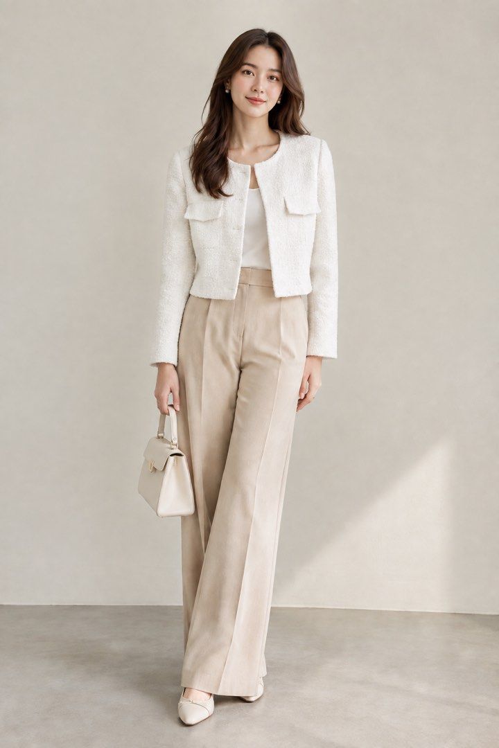 White Tweed Jacket Blazer (Category: Coats, Jackets and Outerwear) located in Quezon City. Submitted by prelovedluxe_ (Listing ID 1459933172, Image 1). Description: Elegant and timeless white open style tweed jacket featuring a textured woven finish. Designed with a structured, slightly cropped silhouette, round neckline, long sleeves, and flap pockets for a refined yet versatile look. The jacket is fully lined. Easy to dress up or down—pair it w