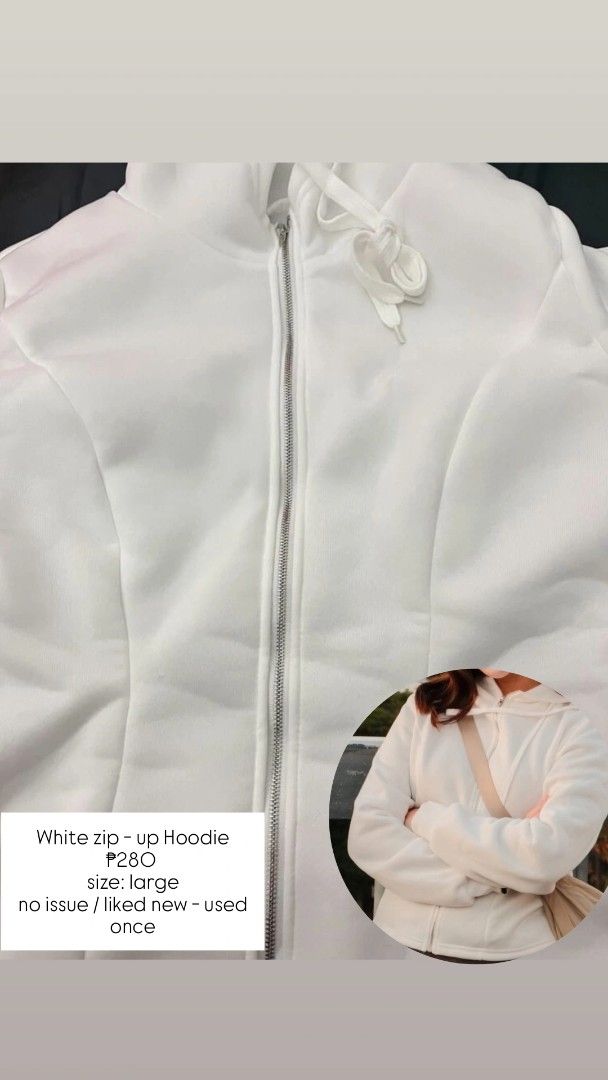 White Zip-Up Hoodie (Category: Coats, Jackets and Outerwear) located in Manila. Submitted by renznrs (Listing ID 1461078811, Image 1). Description: - White zip-up hoodie - Size Large - Worn only once - No issues, looks brand new - Ideal for casual wear.