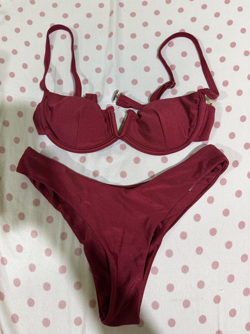Wine Red/Burgundy Underwire 2-Piece Bikini Set 🍷❤️ (Category: Bikinis & Swimsuits) located in Manila. Submitted by klauuudette (Listing ID 1460994864, Image 1). Description: ✦ Worn once only ✦ Excellent condition ✦ No visible stains, holes, or major flaws ✦ Underwire bikini top for added support ✦ Adjustable shoulder straps ✦ Adjustable back closure ✦ Matching high-cut bikini bottoms ✦ Simple, elegant & flattering design ✦ Perfect for beach trip