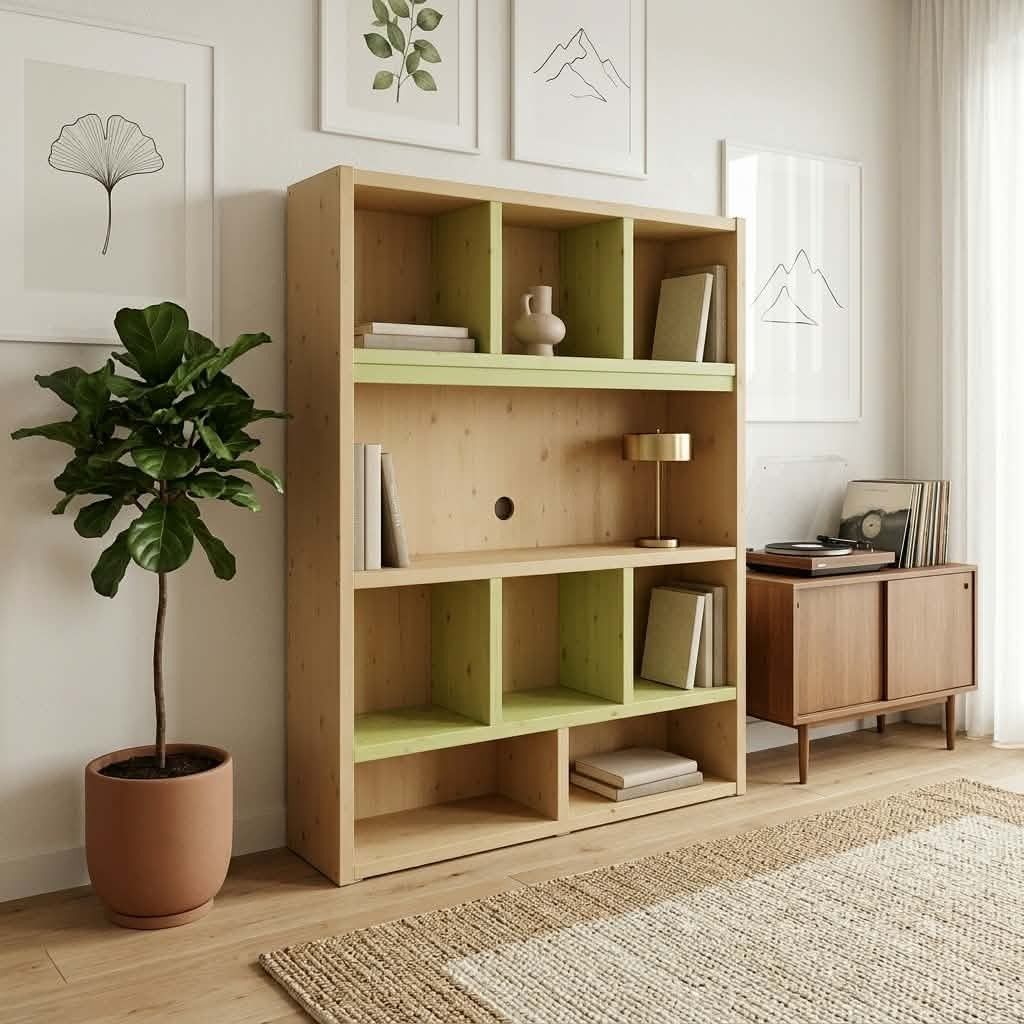 Wooden Combination Bookcase & Entertainment Divider (Category: Shelves, Cabinets & Racks) located in Manila. Submitted by ivan_furnitures421 (Listing ID 1460925753, Image 3). Description: - Light pine wood bookcase with charming pastel green accents. - Versatile use: Ideal for storing books or as a stylish media center divider. - Convenient cable management: Features a pre-drilled hole for cables. - Dimensions: L120cm x W38cm x H161cm. - Price: P