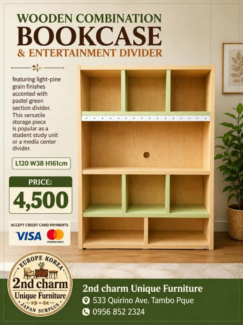 Wooden Combination Bookcase & Entertainment Divider (Category: Shelves, Cabinets & Racks) located in Manila. Submitted by ivan_furnitures421 (Listing ID 1460925753, Image 2). Description: - Light pine wood bookcase with charming pastel green accents. - Versatile use: Ideal for storing books or as a stylish media center divider. - Convenient cable management: Features a pre-drilled hole for cables. - Dimensions: L120cm x W38cm x H161cm. - Price: P