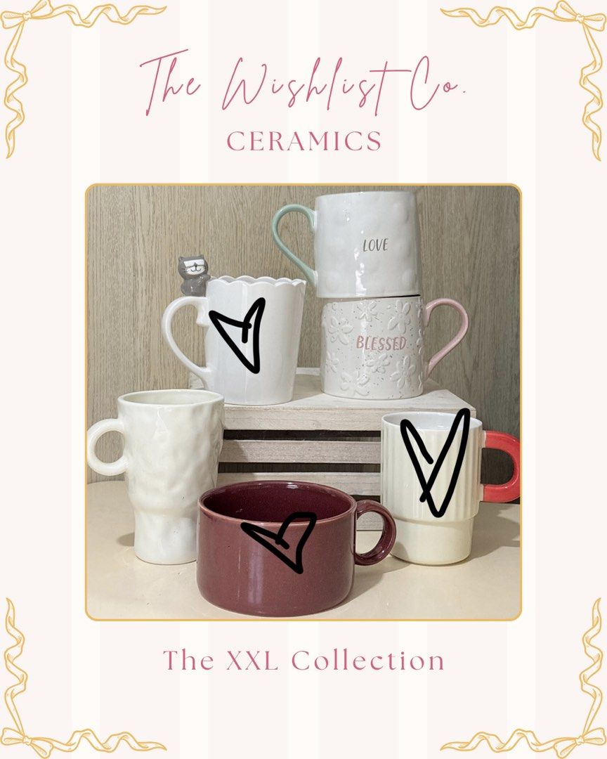 XXL CERAMIC MUGS (Category: Other Kitchenware & Tableware) located in Quezon City. Submitted by jamzx_17 (Listing ID 1461090603, Image 1). Description: ₱320 each ♡ Size: XXL (super laki! hindi lang kita sa pic yung size talaga nila) PLEASE NOTE 🫧 This ceramic is larger in person than they may appear in photos! .