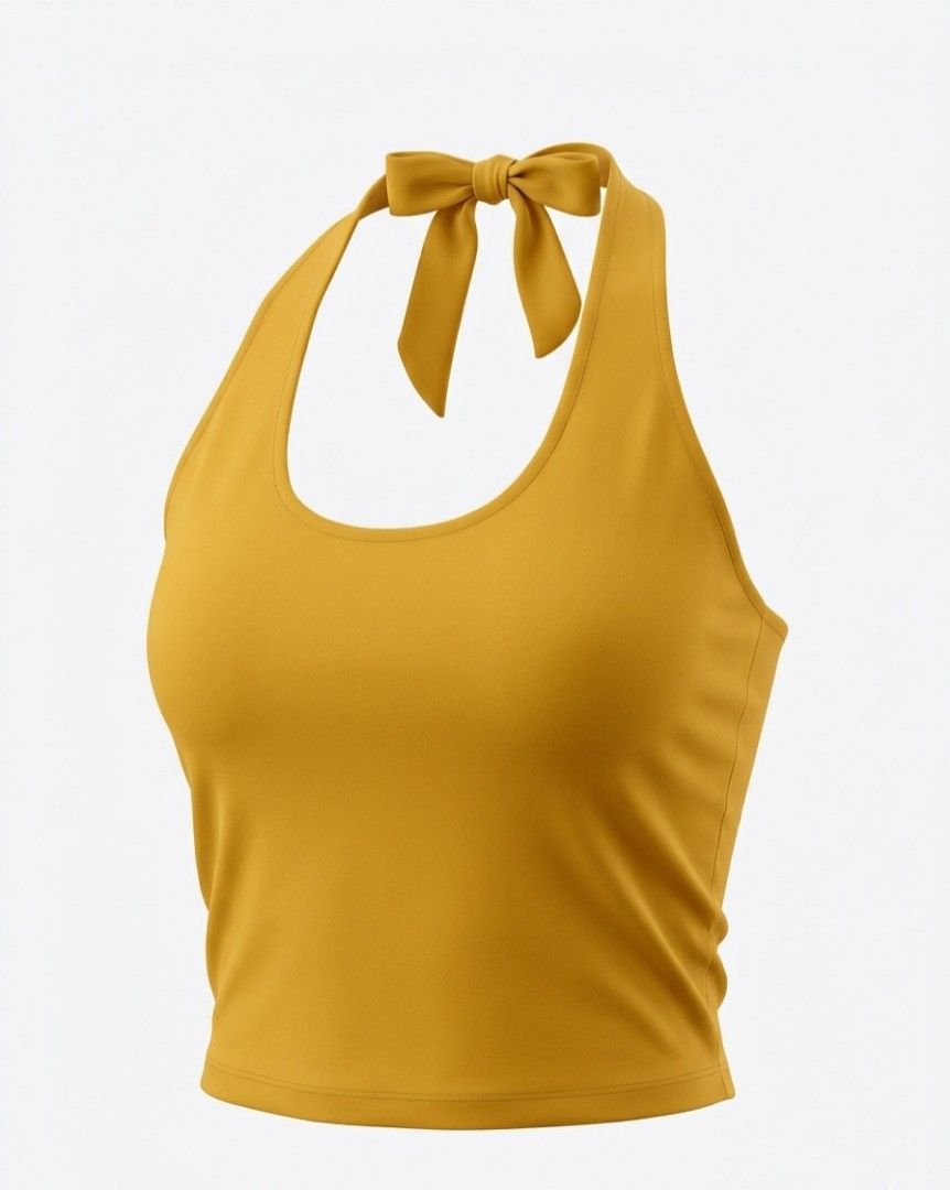 Yellow Halter Neck Crop Top with Tie Back (Category: Sleeveless) located in Baguio. Submitted by vyner_hues (Listing ID 1461094553, Image 1). Description: - Adorable yellow halter neck crop top - Features a cute tie-back closure with a bow - Made from soft, comfortable fabric - Ideal for warm weather or as a layering piece - Pairs perfectly with jeans or shorts.