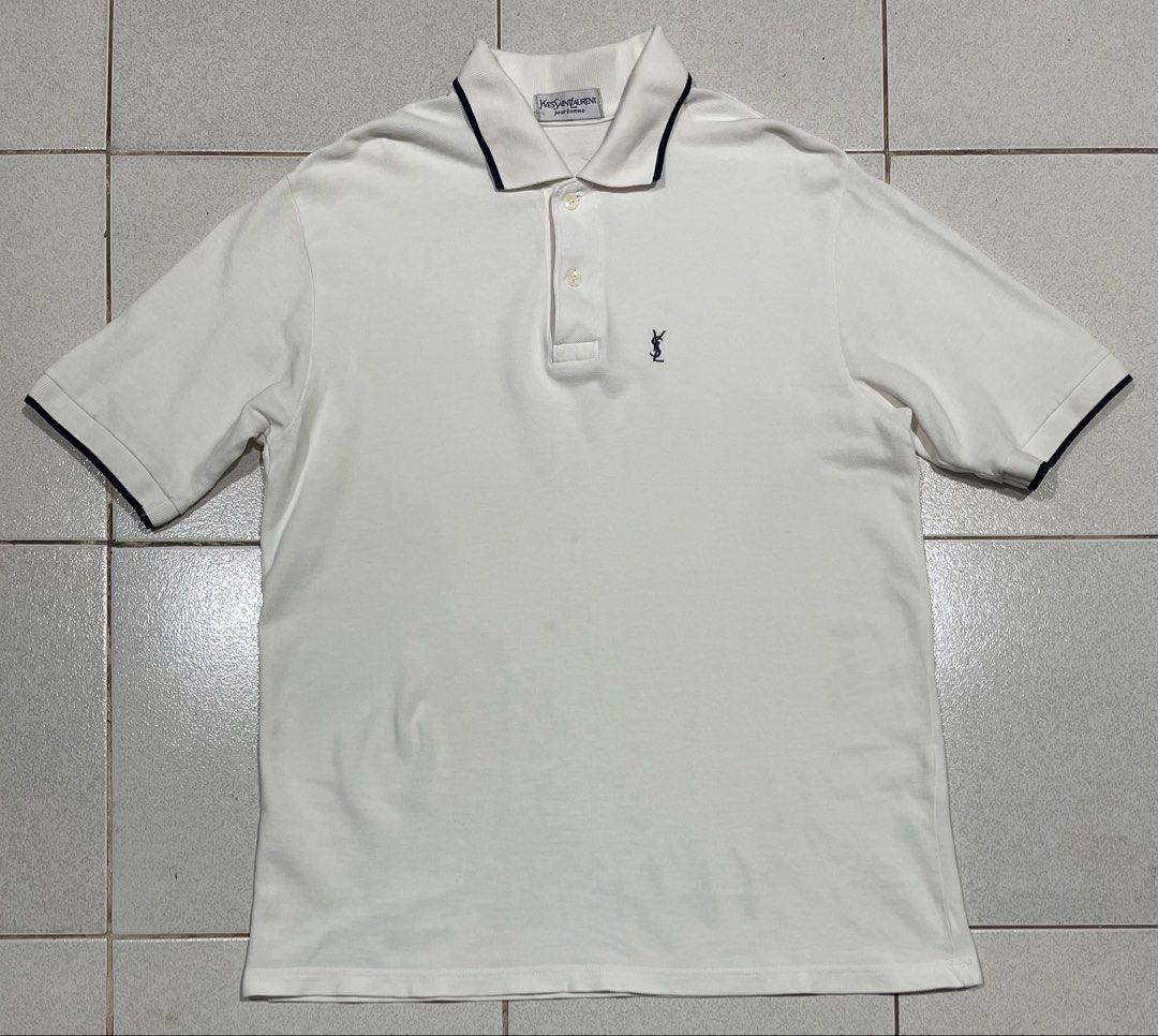 YSL Poloshirt (Category: Tshirts & Polo Shirts ) located in Mandaue City. Submitted by MJ_80 (Listing ID 1460997088, Image 1). Description: Mens White YSL Poloshirt Dimes : 20 X 27.5 See photos for measurements Issues : yellow stains on front part, below buttons. Yellow stain on neck line & last photo Price : 880.