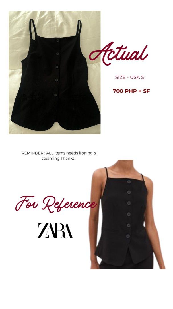 Zara Black Button-Up Vest Top - Size S (Category: Sleeveless) located in Davao. Submitted by upcycledby.dia (Listing ID 1460953006, Image 1). Description: - Zara black vest top - Size S (USA) - Square neckline - Button-up front - Two pocket details - Item requires ironing and steaming - Price: 700 PHP plus shipping.