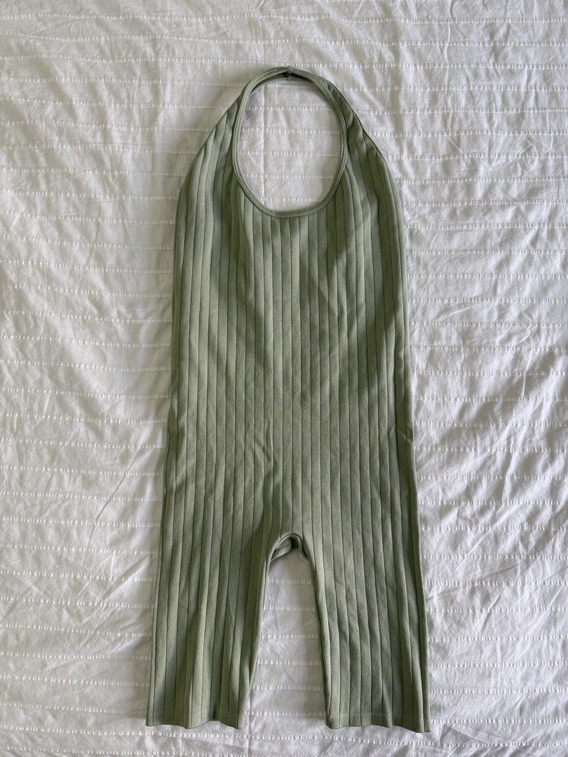 Zara Green Ribbed Halterneck Backless Romper (Category: Rompers) located in Tarlac. Submitted by samdeclutters_ (Listing ID 1461010572, Image 1). Description: - Size: XS-S - Color: Sage Green - Fabric: Stretchy seamless knit texture - Used twice.