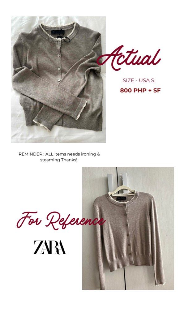 ZARA Knit Cardigan - Size S (Category: Coats, Jackets and Outerwear) located in Davao. Submitted by upcycledby.dia (Listing ID 1460952985, Image 1). Description: - ZARA Knit Cardigan - Size: USA S - Color: Neutral Taupe - Features: Lace trim on neckline & cuffs, front buttons - Style: Great for layering - Condition: All items need ironing and steaming - Price: 800 PHP + shipping.