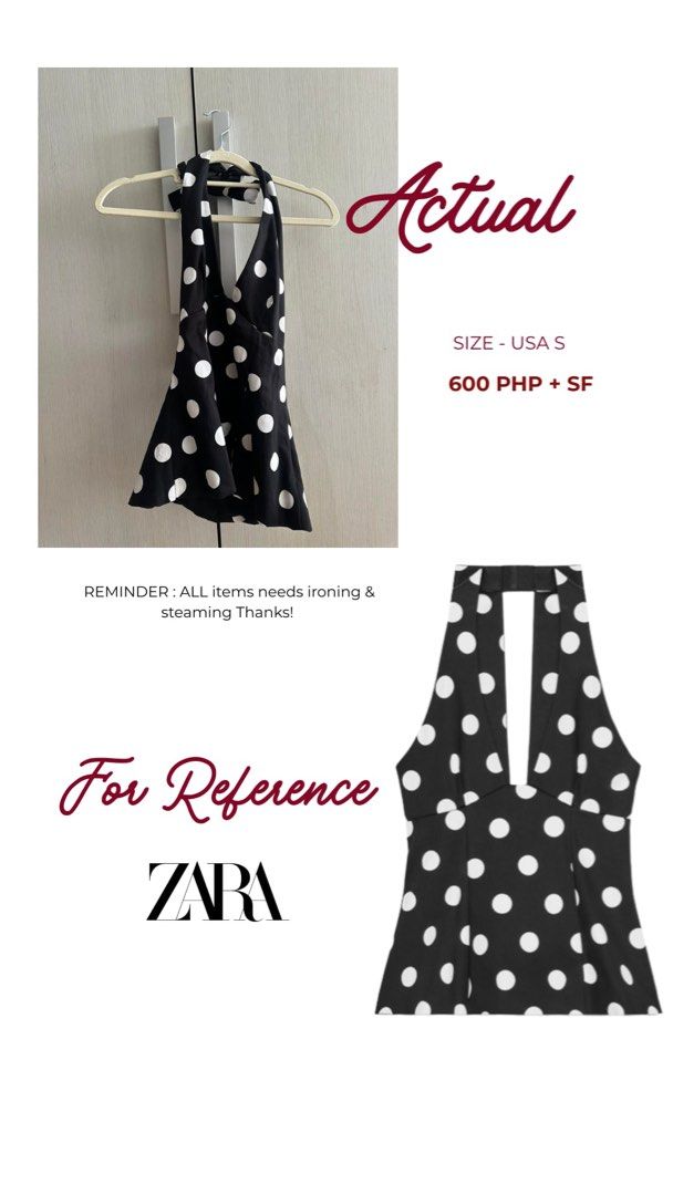 Zara Polka Dot Halter Neck Top - Size S (Category: Sleeveless) located in Davao. Submitted by upcycledby.dia (Listing ID 1460952940, Image 1). Description: - Zara black and white polka dot halter neck top - Size: US S - Features a deep V-neck - Tie-back closure - Versatile: great for a night out or casual day - Please note: Item requires ironing and steaming - Price: 600 PHP (plus shipping).