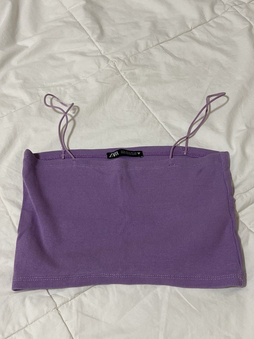Zara Ribbed Spaghetti Strap Crop Top Purple (Category: Sleeveless) located in Quezon City. Submitted by prelovedbyhmsd (Listing ID 1461073009, Image 1). Description: - Zara purple ribbed crop top - Spaghetti straps - Stretchy material - it's a large but it runs very small, could fit a small to medium .