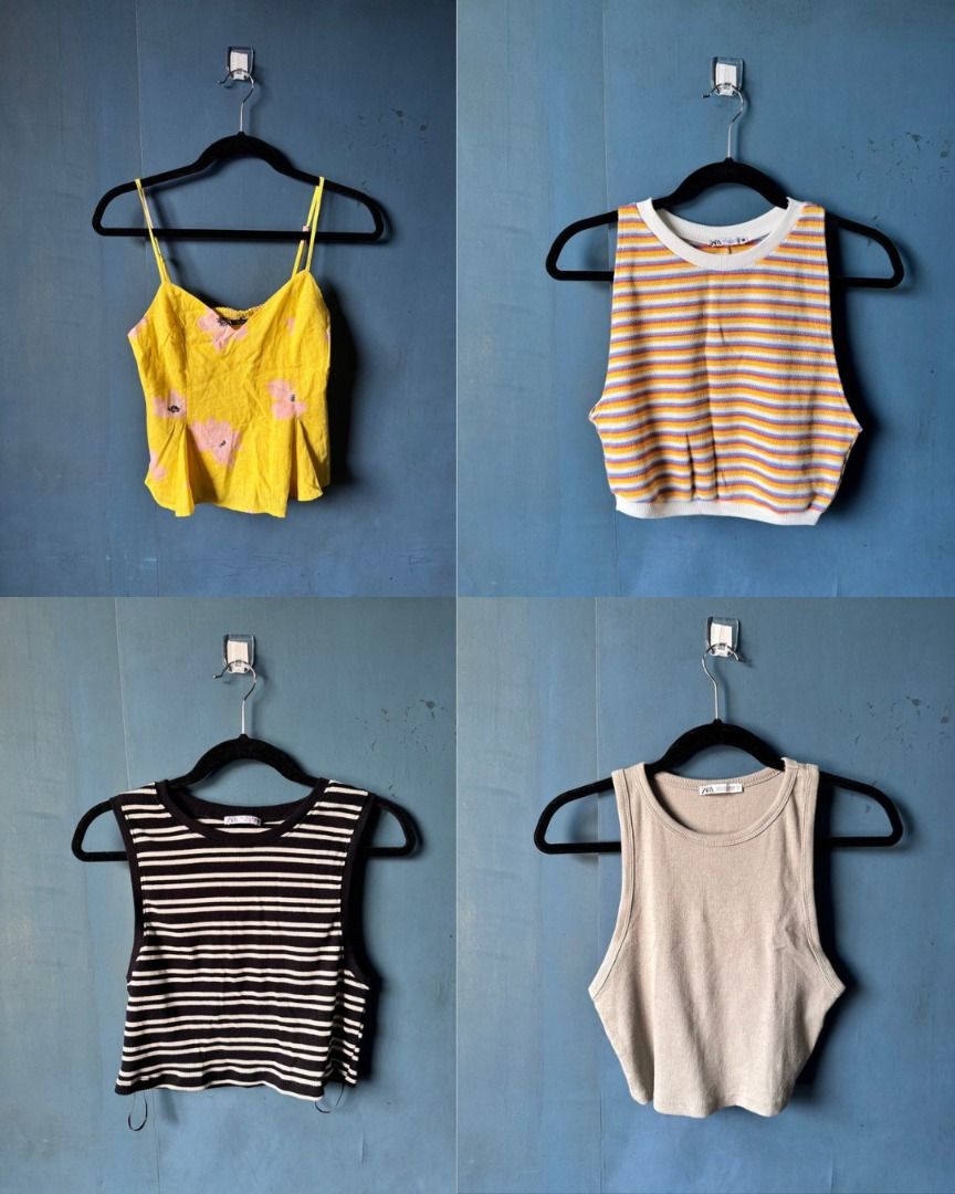 Zara Tops Bundle (Category: Sleeveless) located in Manila. Submitted by reesespiecess (Listing ID 1461074770, Image 1). Description: a mix of tops that are size medium to large! you may also check my profile for the full listings and conditions of each of the tops. the inclusions are as follows: - Zara Yellow Floral Smocked Spaghetti Strap Top - Zara Striped Knit Crop Top Tank - Zara Striped Cropped Ribbed Tank Top - Zara Light Olive Green Ribbed