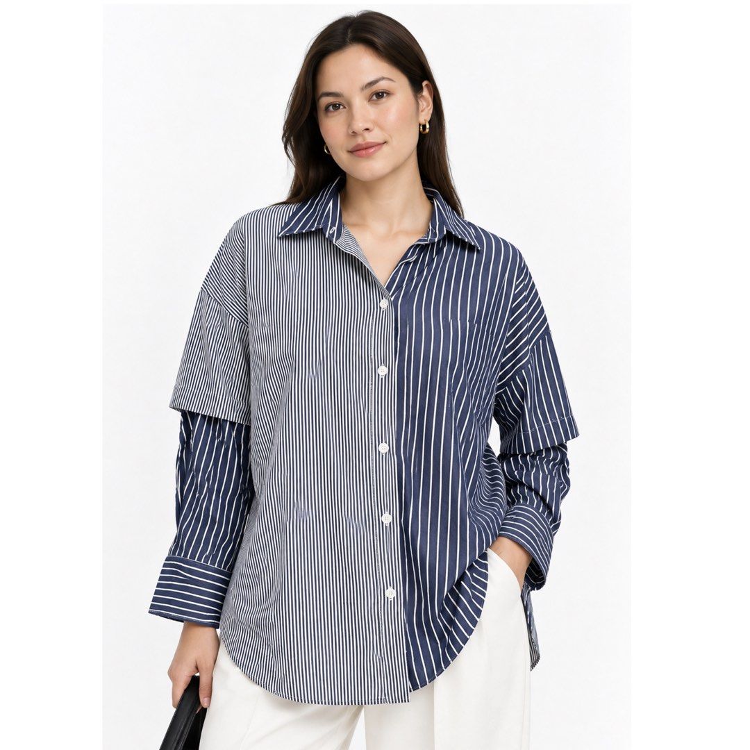 ZARA Two-Tone Striped Oversized Button Down Shirt Blue White | Large (Category: Longsleeves) located in San Jose del Monte. Submitted by vanessabarredo (Listing ID 1461110259, Image 1). Description: ZARA statement button-down shirt featuring a mixed stripe / two-tone design — fine navy/white stripes on one side and wider blue/white stripes on the other. Relaxed silhouette with layered-look sleeve detailing and button cuffs. Very Copenhagen / Scan