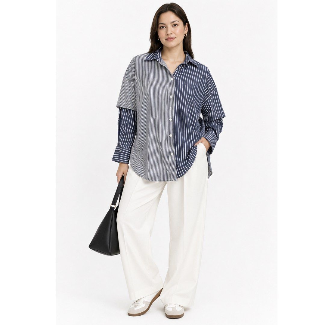 ZARA Two-Tone Striped Oversized Button Down Shirt Blue White | Large (Category: Longsleeves) located in San Jose del Monte. Submitted by vanessabarredo (Listing ID 1461110259, Image 2). Description: ZARA statement button-down shirt featuring a mixed stripe / two-tone design — fine navy/white stripes on one side and wider blue/white stripes on the other. Relaxed silhouette with layered-look sleeve detailing and button cuffs. Very Copenhagen / Scan