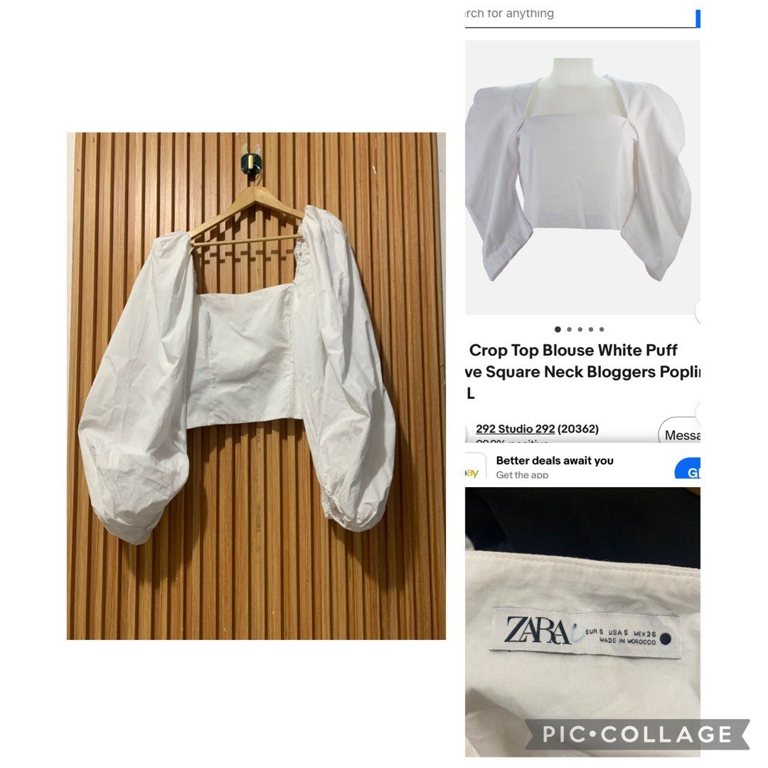 Zara White Puff Sleeve Square Neck Crop Top (Category: Blouses) located in Koronadal. Submitted by girlish1105 (Listing ID 1460920845, Image 1). Description: - Zara white crop top - Size: S - Features: Puff sleeves, square neckline - Style: Blogger-inspired - Origin: Made in Morocco - Versatility: Perfect for dressing up or down.