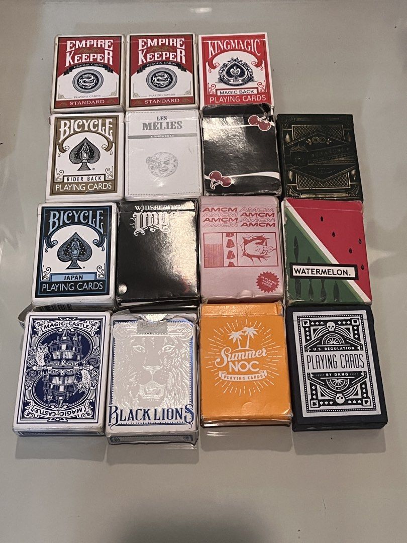 15-DECK PLAYING CARD COLLECTION/LOT (Category: Board Games & Puzzles) located in Manila. Submitted by whosvelvet (Listing ID 1461282278, Image 1). Description: Selling my collection of 15 playing card decks. All decks have been used, with varying degrees of wear on the cards/boxes, but all are still usable for playing, magic, cardistry, etc. 🔥 TAKE ALL: ₱2,600 Bundle price: ₱2,200 negotiable for serious buyer 🔥WILLING TO TRADE ALL FOR OCULUS QU