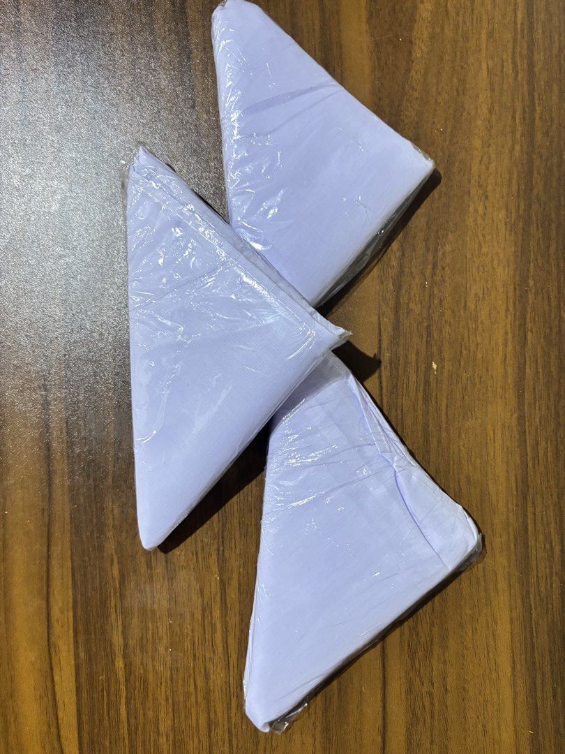 3 pcs White Fabric Triangular Pieces (Category: Craft Supplies & Tools) located in Manila. Submitted by rosel2001 (Listing ID 1461287137, Image 1). Description: - Set of 3 white fabric pieces - Folded into triangular shapes - Each piece individually wrapped in clear plastic - Ideal for various craft and sewing projects - Ready for a new owner.