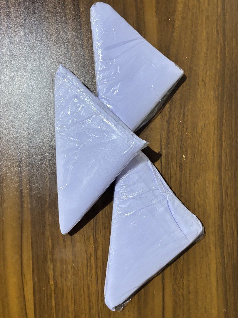 3 pcs White Fabric Triangular Pieces (Category: Craft Supplies & Tools) located in Manila. Submitted by rosel2001 (Listing ID 1461287137, Image 2). Description: - Set of 3 white fabric pieces - Folded into triangular shapes - Each piece individually wrapped in clear plastic - Ideal for various craft and sewing projects - Ready for a new owner.