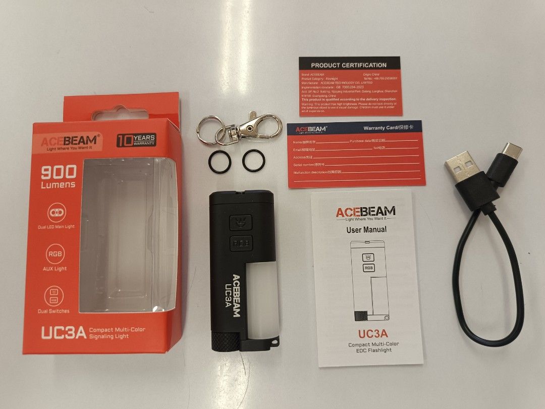Acebeam UC3A Compact Multi-Color EDC Flashlight 900 Lumens (Category: Hiking & Camping) located in Bacolod City. Submitted by viclawrence (Listing ID 1461202782, Image 2). Description: - Acebeam UC3A Flashlight - Powerful 900 lumens white LED - 270-degree visible RGB auxiliary light - Compatible with AAA batteries (replaceable) - USB rechargeable (cable included) - Includes warranty card and user manual.