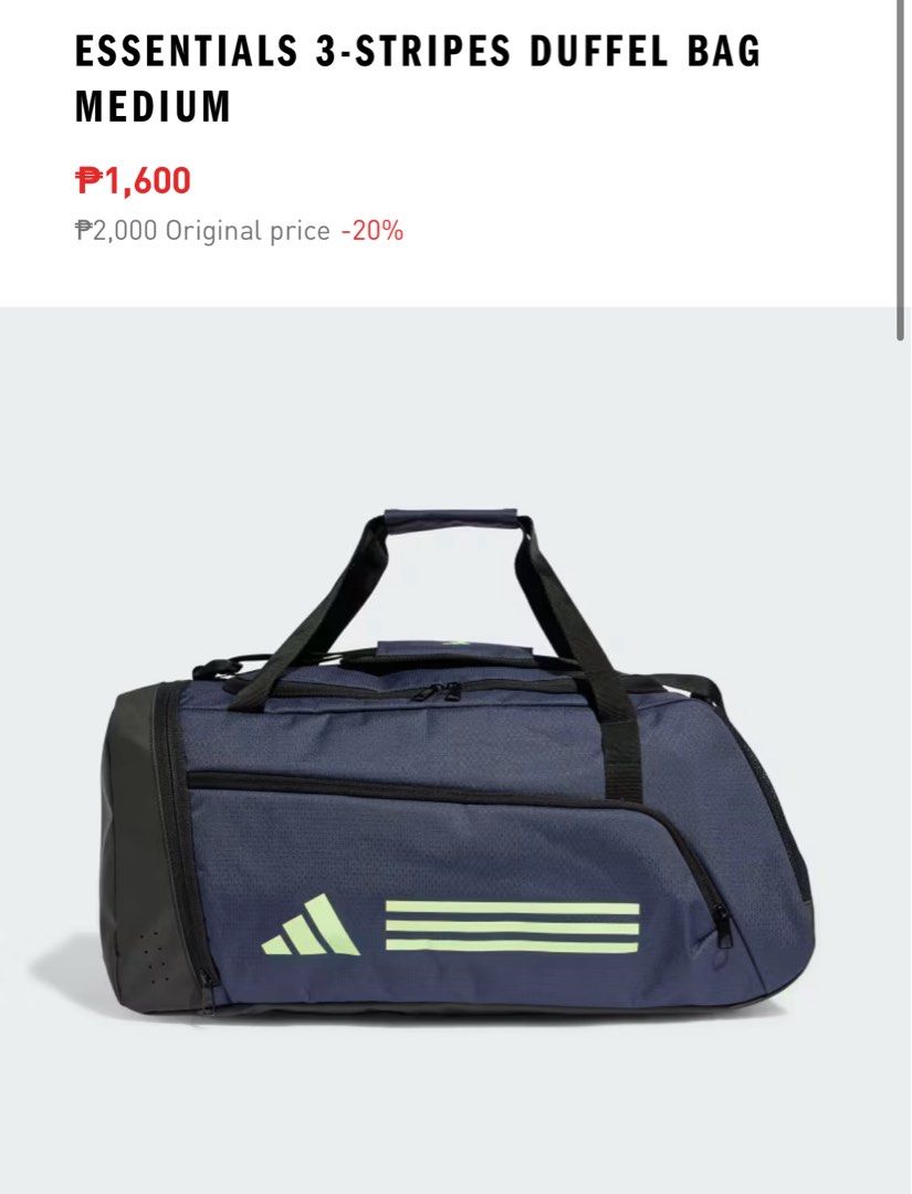 Adidas Essentials 3-Stripes Duffel Bag Medium Navy Blue (Category: Sling Bags) located in Mabalacat. Submitted by frannnn (Listing ID 1461308867, Image 1). Description: - Adidas Essentials 3-Stripes Duffel Bag - Size: Medium - Color: Navy blue with lime green accents - Features: Spacious main compartment, side pockets - Ideal for: Gym, travel, and everyday essentials - Material: Durable Dimensions: 30.5 cm x 56.6 cm x 26.5 cm - Volume: 51.5 L .