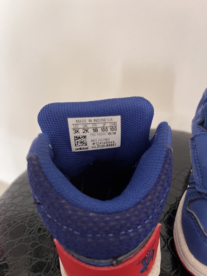 Adidas x Marvel Spiderman High-Top Sneakers (Category: Babies & Kids Fashion) located in Manila. Submitted by ezekielco18646 (Listing ID 1461249127, Image 3). Description: - Cute blue Adidas high-tops - Features Spiderman details - Perfect for Marvel fans - Easy velcro straps for quick on/off - Size: 3K - Made in Indonesia -used only for pictorial purposes.