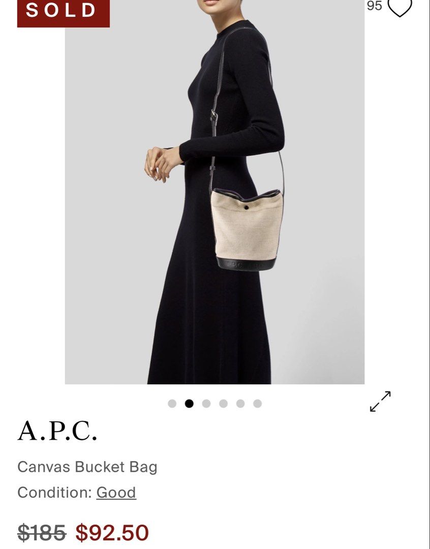 APC Helene canvas bucket bag (Category: Luxury Bags & Wallets) located in Pasig City. Submitted by hello_jello. (Listing ID 1461152472, Image 1). Description: Original Has washable unnoticeable stain at the back Verygood condition Leather and hardware part is in good condition as well Price nego .