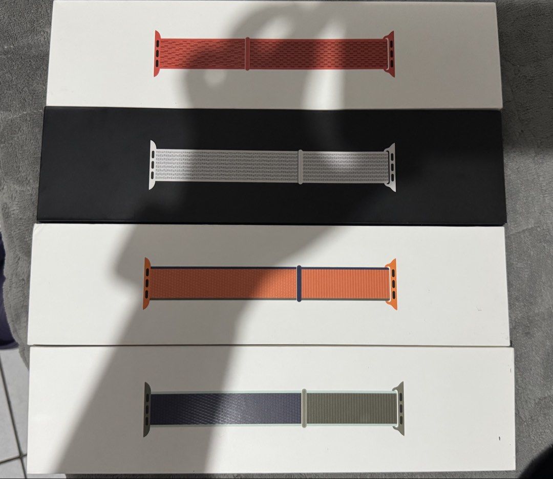 44/45mm Apple Watch Sport Loop Bands - Multiple Colors Available (Category: Wearables & Smart Watches) located in Muntinlupa City. Submitted by heynahhh (Listing ID 1461193469, Image 1). Description: - Set of 4 Apple Watch Sport Loop bands - Available colors: Red, Grey, Orange, Navy/Green - Material: Comfortable and durable woven nylon - Closure: Secure velcro strap - Compatibility: Fits all Apple Watch models - Ideal for: Everyday wear and worko
