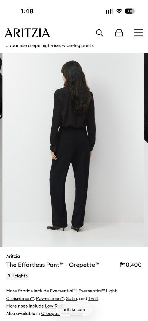 Aritzia Black Effortless Trousers Pant Size 00 (Category: Other Bottoms) located in San Juan City. Submitted by keep.it.clean (Listing ID 1461179007, Image 2). Description: - available in cream - get both for ₱11,500 Crepette Fabric - wrinkle free .