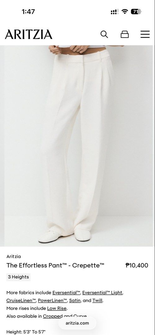 Aritzia Cream White Effortless Pants Size 00 (Category: Other Bottoms) located in San Juan City. Submitted by keep.it.clean (Listing ID 1461180797, Image 1). Description: - get both for ₱11,500.