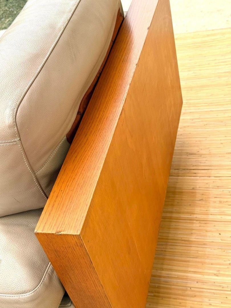 Arm Chair (Category: Chairs) located in Meycauayan. Submitted by marygracecasimiro (Listing ID 1461295877, Image 3). Description: JAPAN SURPLUS MODERN MID-CENTURY INSPIRED LOUNGE LEATHER ARMCHAIR WITH SOLID WOOD FRAME IN GOOD CONDITION SIZE: 16.5H x 47L x 33.5W inches Price:13,500 🩷🧡.