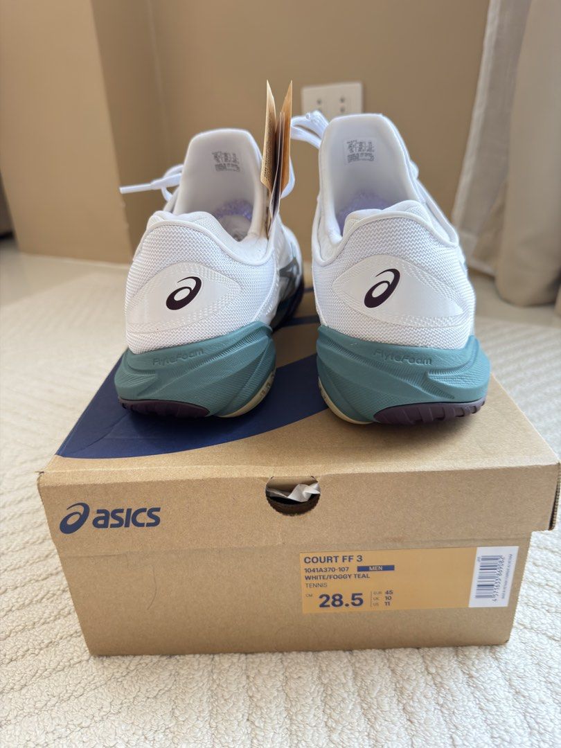Asics Court FF3 (Category: Sneakers) located in Cagayan de Oro. Submitted by mysucloset (Listing ID 1461159957, Image 3). Description: For sale!! Asics Court FF3 White/Foggy Teal Brandnew SIZE: 11 US/ 10 UK/ EUR 45/ 28.5 cm MEN RFS: Wrong size too big Selling 9.5k only negotiable.