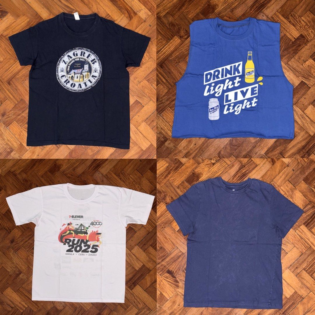 Assorted Men’s Tops (Shirts, Tank) (Category: Tshirts & Polo Shirts ) located in Makati City. Submitted by nicomachus (Listing ID 1461258924, Image 1). Description: Please read: Assorted Shirts 👕 (1) Zagreb (from Croatia) - Php 90 Length = 25.5” | Width = 20” (2) San Mig Crop - Php 90 Length = 21” | Width = 21” (3) 711 (32km Finisher) - Php 90 Length = 25.5” | Width = 20” (4) H&M (plain blue) - Php 90 Length = 23” | Width = 18.5” Buy ALL 4 for o