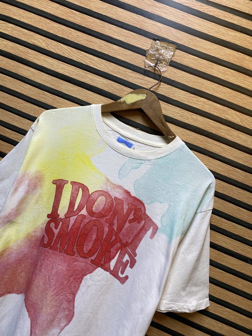 AUTHENTIC I DONT SMOKE WATER COLOR GRAPHIC TEE (Category: Tshirts & Polo Shirts ) located in Makati City. Submitted by drip.poww (Listing ID 1461273394, Image 2). Description: - Authentic Don Smoke - Color: White - Size: Large - Dimes: 22x28 - Authentic - Excellent condition - Need wash, fresh from bale - Material: 100% Cotton Please don’t expect too much—these are thrifted (ukay) items. 😊 !!STILL NEGOTIABLE!!.