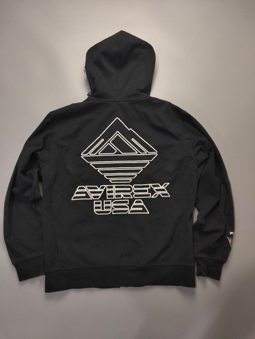 AVIREX zip up hoodie jacket (Category: Coats, Jackets and Outerwear) located in Bulacan. Submitted by recycloth_ (Listing ID 1461324120, Image 3). Description: AVIREX zip up hoodie jacket size on tag Medium pit to pit : 20.5" length : 24" cut washtag small hole scratch on hood hmu!.