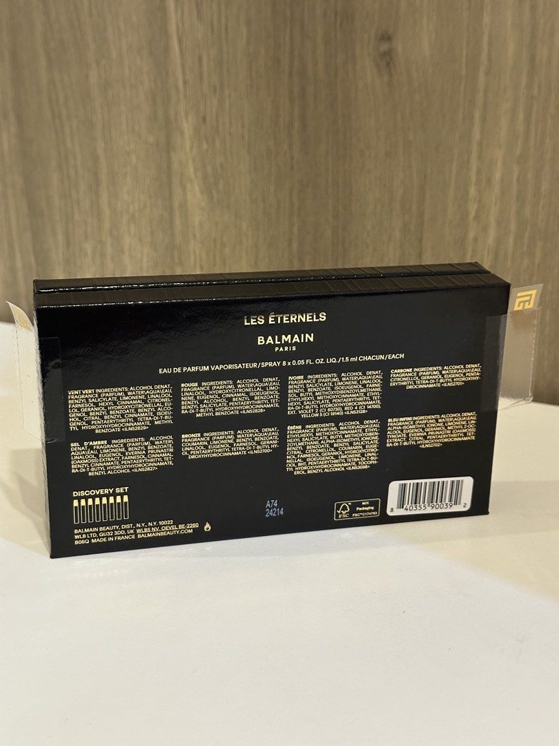 Balmain Paris Les Éternels Discovery Set Perfume Samples (Category: Fragrance & Deodorants) located in Manila. Submitted by kevintotin49861 (Listing ID 1461280802, Image 3). Description: - Balmain Paris Les Éternels Discovery Set - Includes 8 x 1.5ml perfume samples - Perfect for trying out different fragrances - All perfume bottles are full - Comes in original packaging.