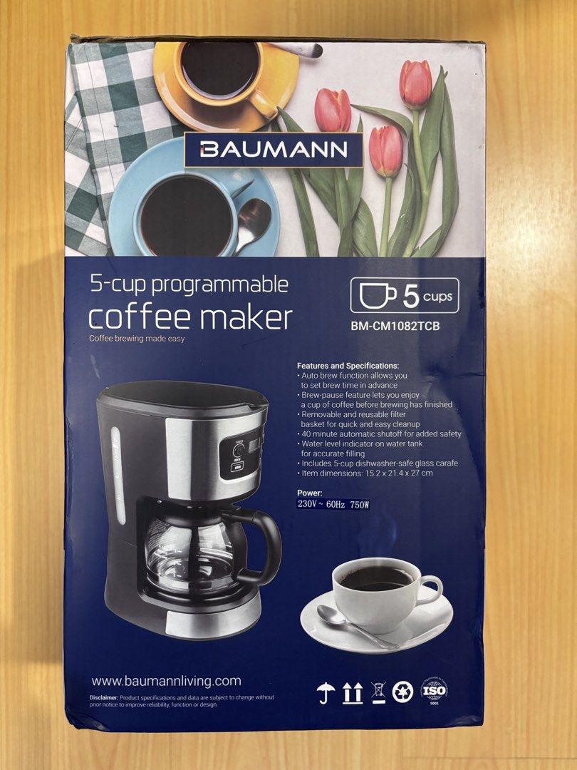 Baumann 5-Cup Programmable Coffee Maker BM-CM1082TCB (Category: Coffee Machines & Makers) located in Mandaluyong City. Submitted by chrisbonus (Listing ID 1461212262, Image 2). Description: - Baumann 5-cup programmable coffee maker - Auto-brew function for coffee ready when you are - Brew pause feature to grab a cup mid-brew - Includes reusable filter basket - Easy-to-read water level indicator - Non-stick warming plate keeps coffee hot - Comes w