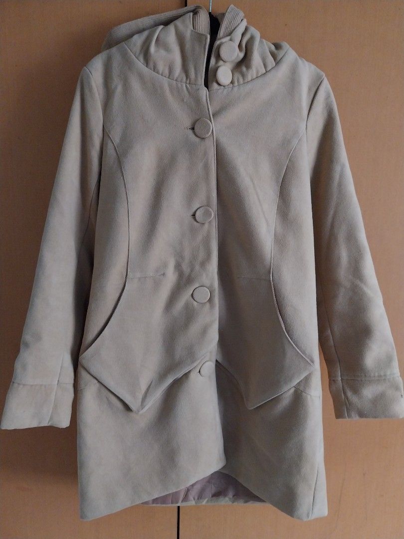 Beige Suede-like Jacket with Button Details (Category: Coats, Jackets and Outerwear) located in Cavite. Submitted by angelistuff (Listing ID 1461131052, Image 1). Description: - Lightweight beige jacket - Unique collar with two button details - Button front closure - Ribbed cuffs on sleeves - Versatile for casual or semi-formal layering.