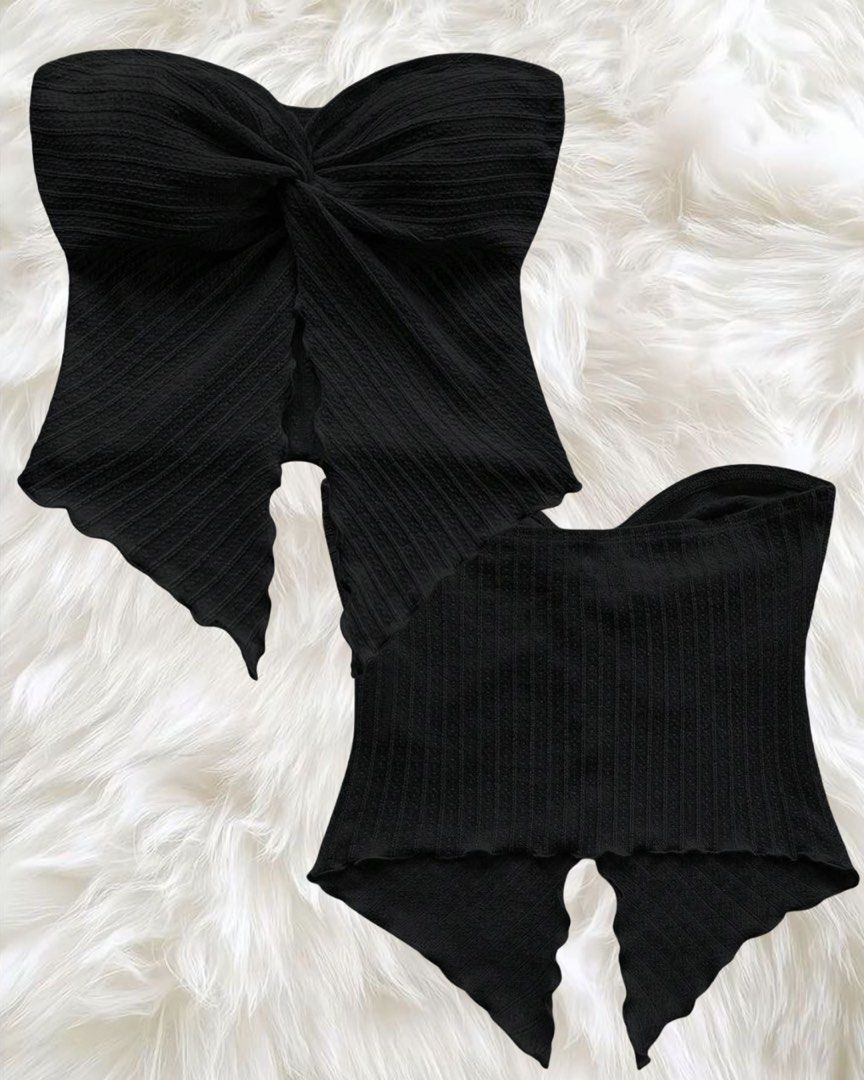 Black Twist Front Strapless Tube Top (Category: Sleeveless) located in Manila. Submitted by love_by_sash (Listing ID 1461293017, Image 1). Description: - Black strapless tube top - Textured fabric with a unique pattern - Stylish twist front detail - Flattering lettuce hem - Chic split front - Versatile for night outs or casual wear - Pairs perfectly with high-waisted bottoms.