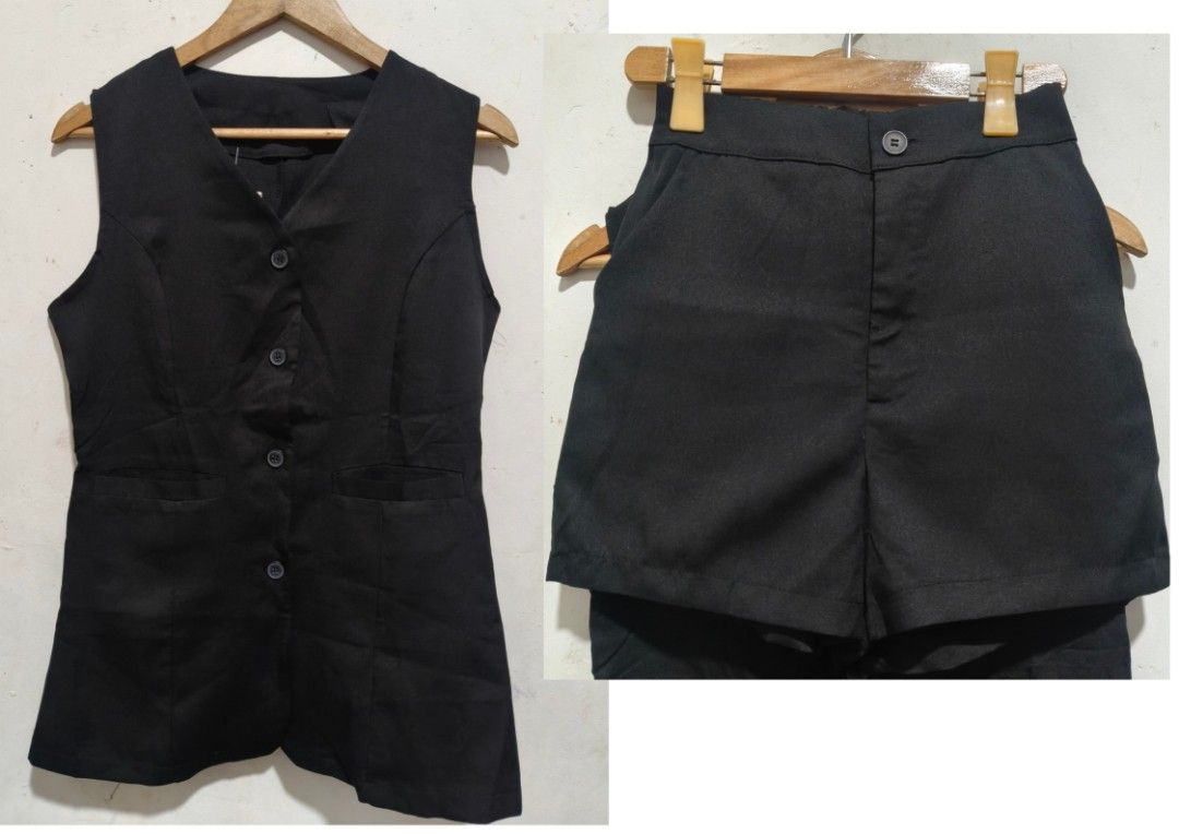 Black Vest and Shorts Set (Category: Sets or Coordinates) located in Makati City. Submitted by la_storeph (Listing ID 1461184533, Image 1). Description: - Black vest and shorts set - Vest: Sleeveless, button-up front - Shorts: Button and zipper closure - Perfect for smart casual outfits or as part of a uniform - Brand new.