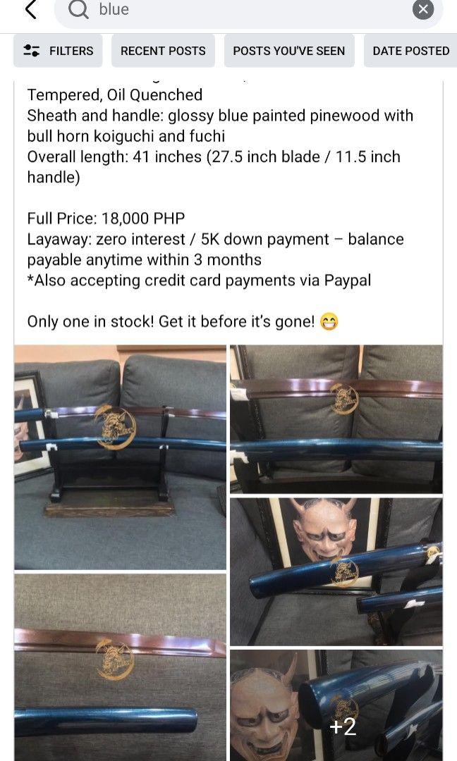 Blue Aoki Katana (Category: Vintage Collectibles) located in Alabel. Submitted by trikstarr143 (Listing ID 1461300622, Image 1). Description: Bawas kalat sa bahay 🙂 Blue Aoki: -Katana (Full blade at pwede pang katay ng manok) -Pinang display lang since 2021 -Orig price Php 18,000 -See full details on the pics provided.