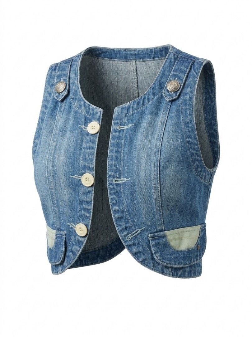 Blue Denim Vest with Button Closure and Pockets (Category: Sleeveless) located in Baguio. Submitted by vyner_hues (Listing ID 1461282890, Image 1). Description: - Cute blue denim vest - Button-up front - Two front pockets - Slightly cropped fit - Versatile for layering over t-shirts or dresses - Easy to style for a casual look.