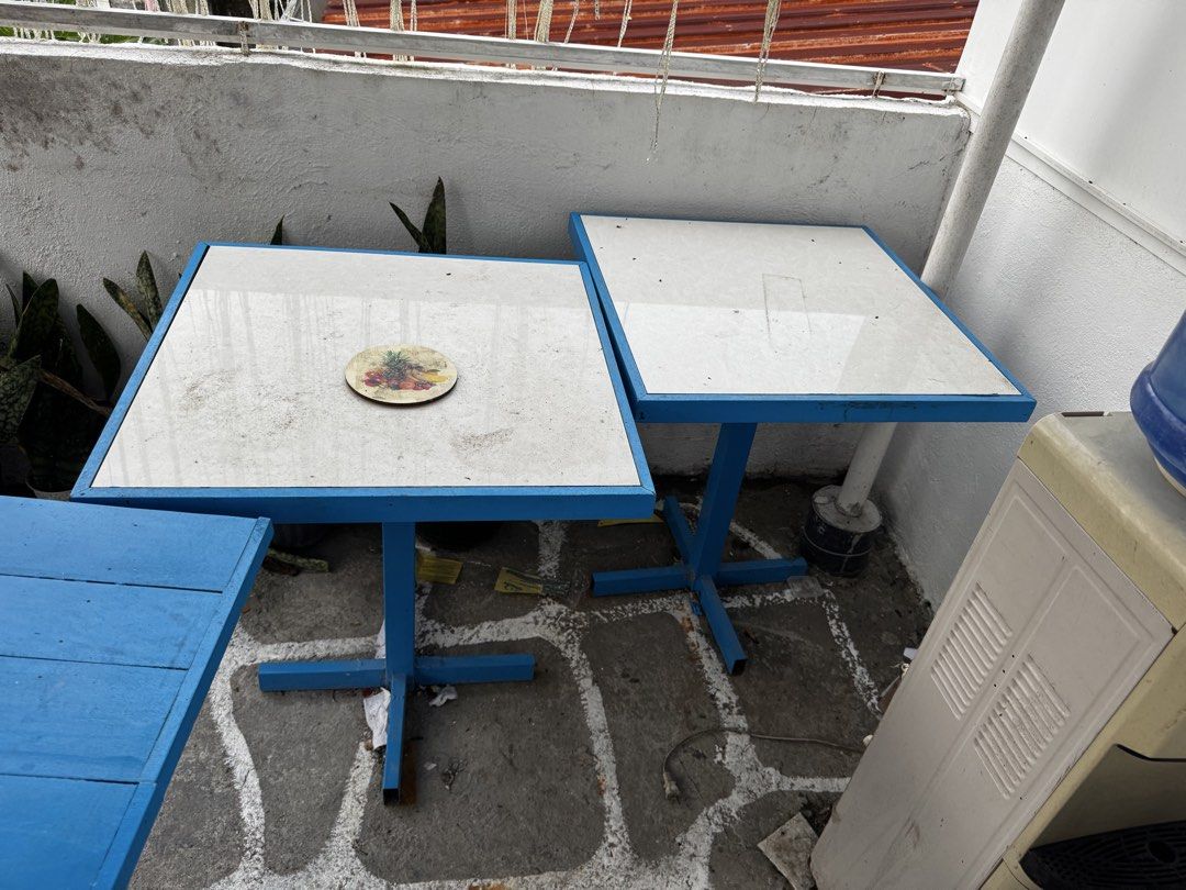 Blue Metal Frame Square Table with White Marble Top (Category: Tables & Sets) located in Santa Rosa. Submitted by taireo (Listing ID 1461225361, Image 2). Description: For sale tables 5pcs 1.2k each 5k nalang if take all. 60x60 tiles table tob. Steel frame and legs. Very good condition needs cleaning lang pero walang sira. Matibay ang gawa. Pwedeng pwede pang samG/coffee shop/resto/bar. Starosa laguna location. Thanks! .