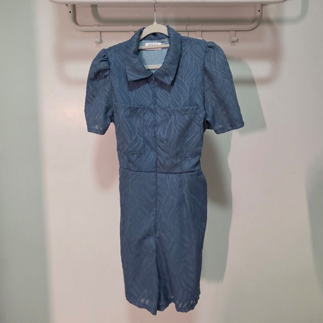Blue Textured Midi Romper (Category: Dresses) located in Mandaluyong City. Submitted by Llyssa12 (Listing ID 1461269814, Image 3). Description: - Blue midi romper - Textured wave pattern - Short puff sleeves - Collared neckline - Zip-up front - Casual look - Fits medium (M) -Shipping is shouldered by the buyer .