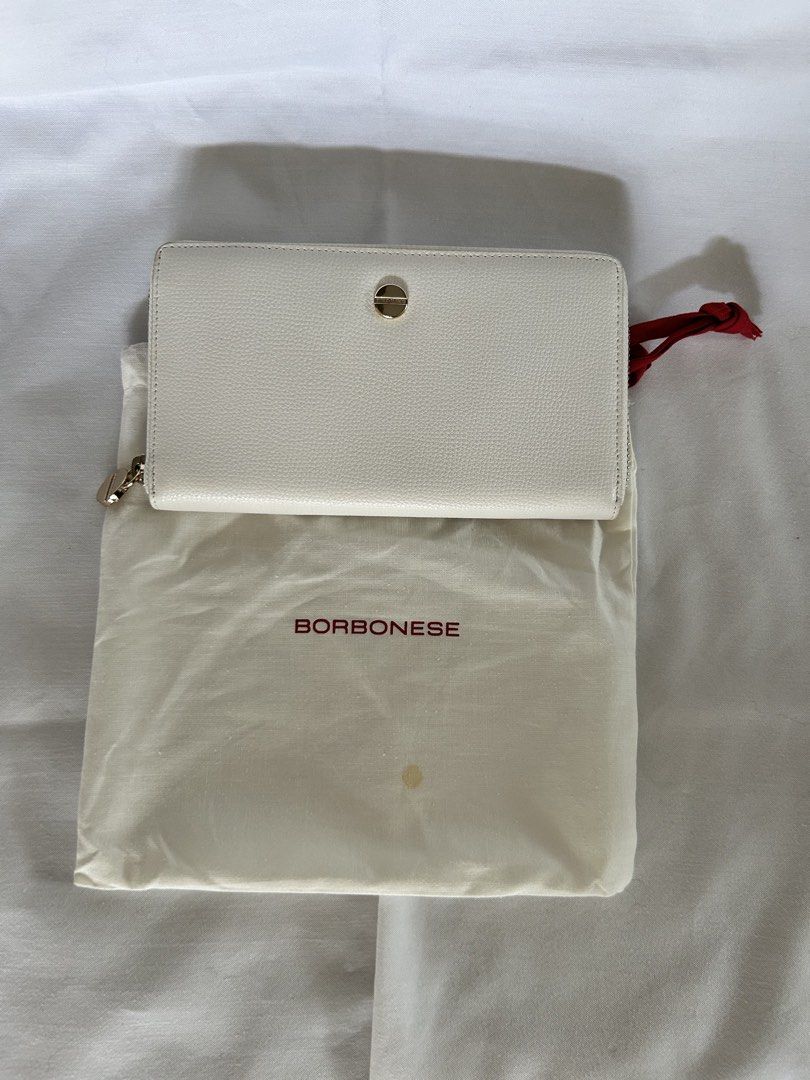 BORBONESE White Leather Zip Around Wallet (Category: Wallets & Card holders) located in Paranaque City. Submitted by annekathleen (Listing ID 1461178340, Image 1). Description: - BORBONESE White leather zip-around wallet - With several card slots and compartments - Comes with dust bag .